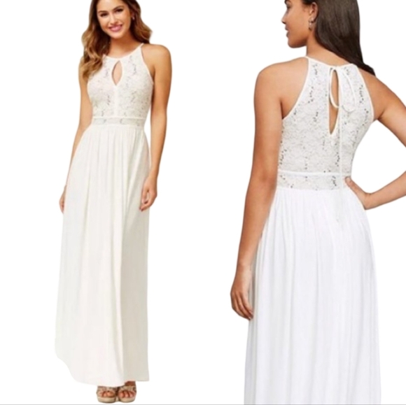 Morgan & Co. Dresses & Skirts - Morgan & Co. Womens Ivory With Gold Acents Lace Keyhole Maxi Dress Size 12